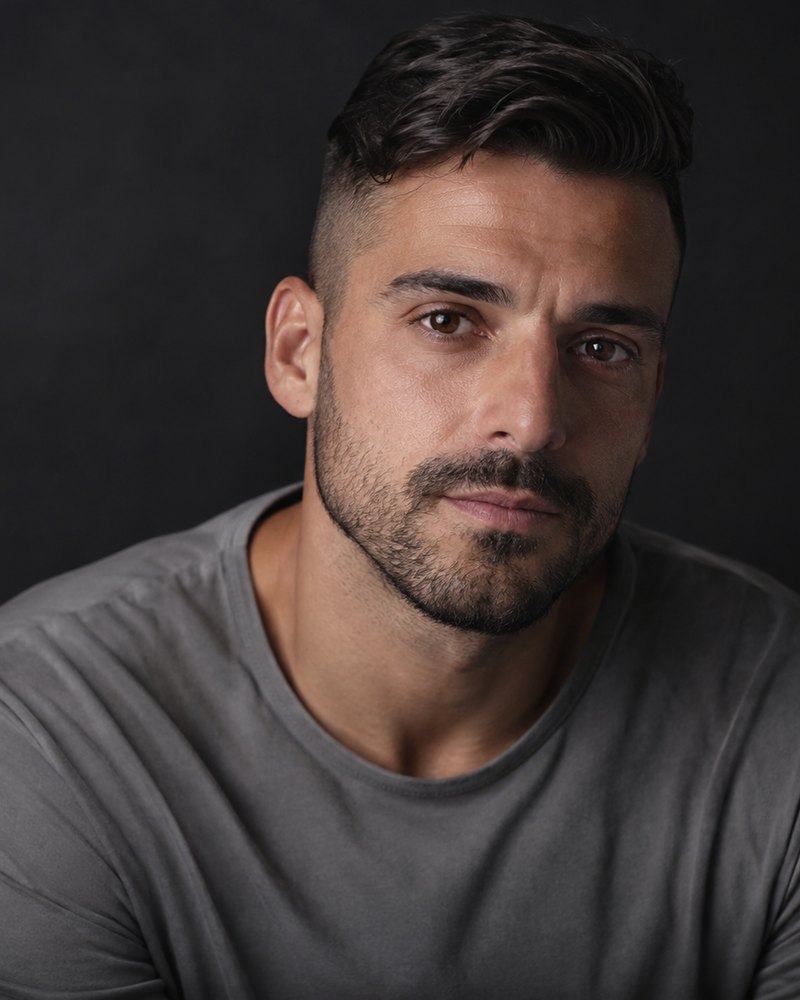 Miguel Santos, camisa cinzenta de mercúrio, retrato de estúdio